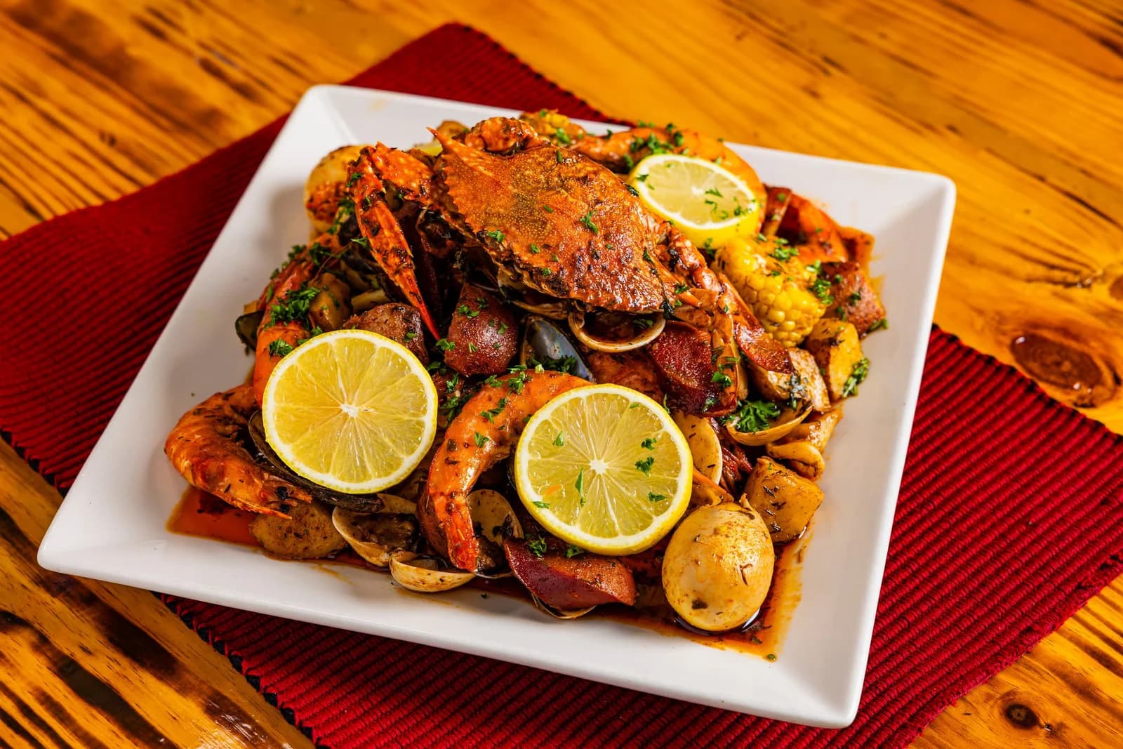 A generous Caribbean seafood platter at Yucca